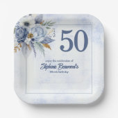 Elegant Blue Florals Women's 50th Birthday Party Pappteller (Vorderseite)