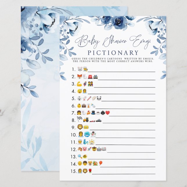 Elegant Blue Flowers Boy Baby Shower Emoji Game (Vorne/Hinten)
