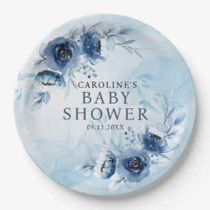 Elegant Blue Flowers Boy Baby Shower Pappteller