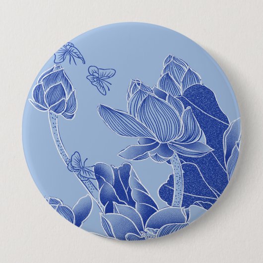 Elegant Blue Flowers Chinoiserie Lotus Mandala Button (Vorderseite)