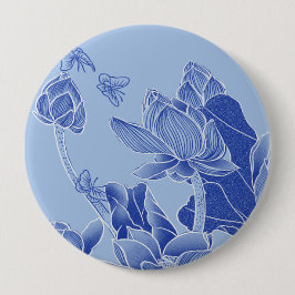 Elegant Blue Flowers Chinoiserie Lotus Mandala Button