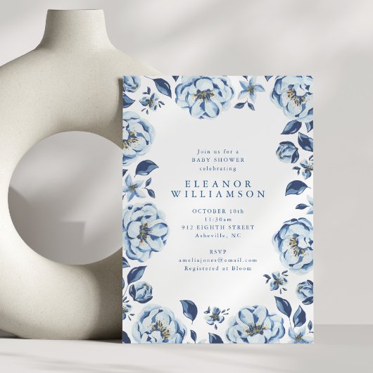 Elegant Blue Flowers Floral Baby Shower Einladung
