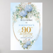 Elegant Blue Flowers Gold 90th birthday welcome Poster (Vorne)