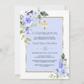 Elegant Blue Flowers Gold Cross Boy Bestätigung Einladung (Vorderseite)