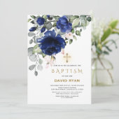 Elegant Blue Flowers Gold Cross Boy Taufe Einladung (Stehend Vorderseite)