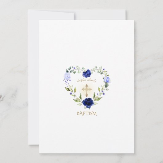 Elegant Blue Flowers Gold Cross Boy Taufe Einladung (Rückseite)