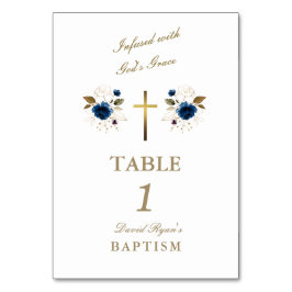Elegant Blue Flowers Gold Cross Boy Taufe Tischnummer