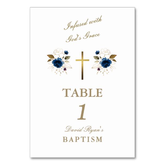 Elegant Blue Flowers Gold Cross Boy Taufe Tischnummer (Rückseite)