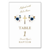 Elegant Blue Flowers Gold Cross Boy Taufe Tischnummer (Vorderseite)