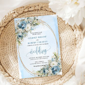 Elegant Blue Flowers Gold Glitter Wedding Invite Einladung