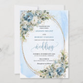 Elegant Blue Flowers Gold Glitter Wedding Invite Einladung (Vorderseite)