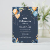 Elegant Blue Flowers Orange Ballons Birthday Einladung (Stehend Vorderseite)
