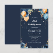 Elegant Blue Flowers Orange Ballons Birthday Einladung (Vorne/Hinten)