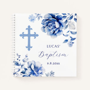 Elegant Blue Flowers Taufen Gästebuch Notizblock
