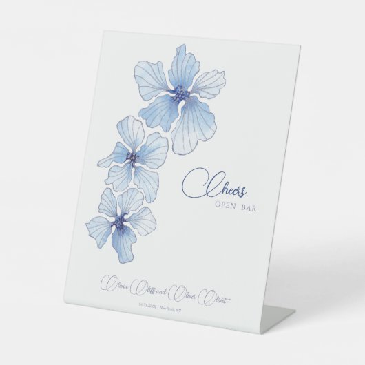 Elegant Blue Flowers Wedding Cheers Open Bar Sockelschild (Vorderseite)
