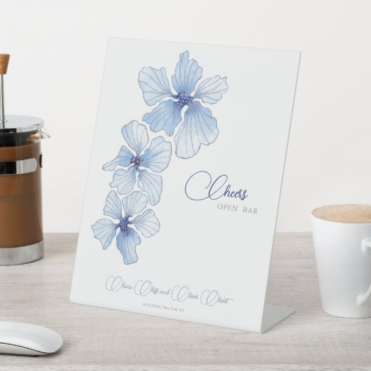 Elegant Blue Flowers Wedding Cheers Open Bar Sockelschild (In SItu)