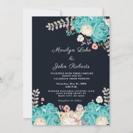 Elegant Blue Flowers Wedding Floral Navy Einladung