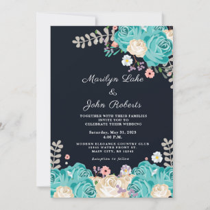 Elegant Blue Flowers Wedding Floral Navy Einladung