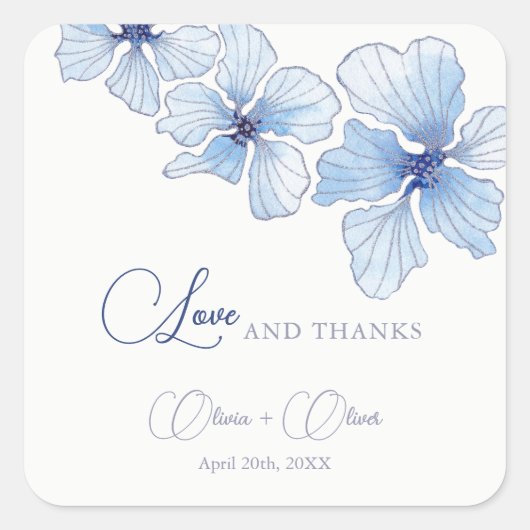 Elegant Blue Flowers Wedding Quadratischer Aufkleber (Vorderseite)