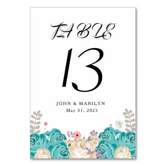 Elegant Blue Flowers Wedding Tischnummer (Rückseite)