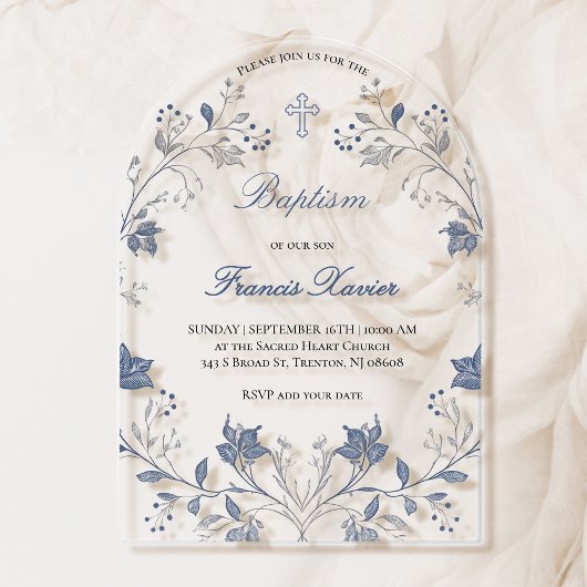 elegant blue foliage frame Baptism Acryleinladungen