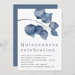Elegant Blue Foliage Quinceanera Einladung
