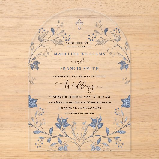 elegant blue foliage religious wedding acryleinladungen (Vorderseite)