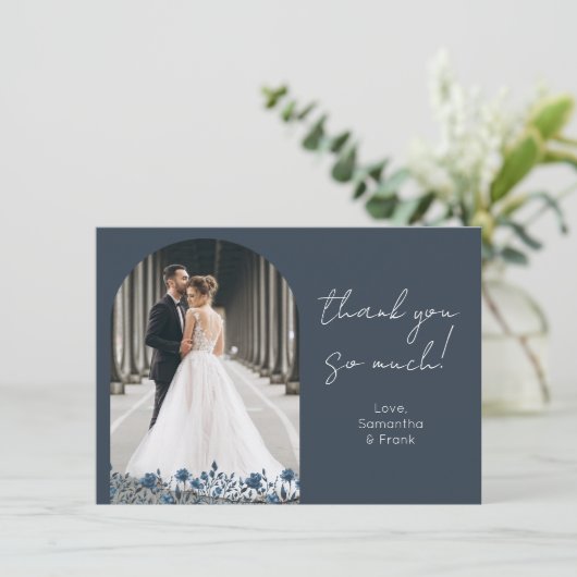 Elegant Blue Foto Wedding Dankeskarte (Stehend Vorderseite)