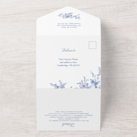 Elegant Blue France Garden Blume Hochzeit QR-Code All In One Einladung (Außenbereich)