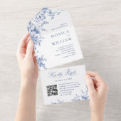 Elegant Blue France Garden Blume Hochzeit QR-Code All In One Einladung (Abreißen)