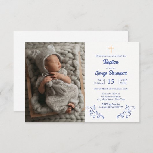 Elegant Blue France Taufe Religiös Einladung (Vorne/Hinten)