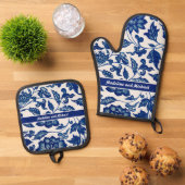 Elegant Blue French Country Chinoiserie Name Ofenhandschuh & Topflappen-Set (Oben Unten)