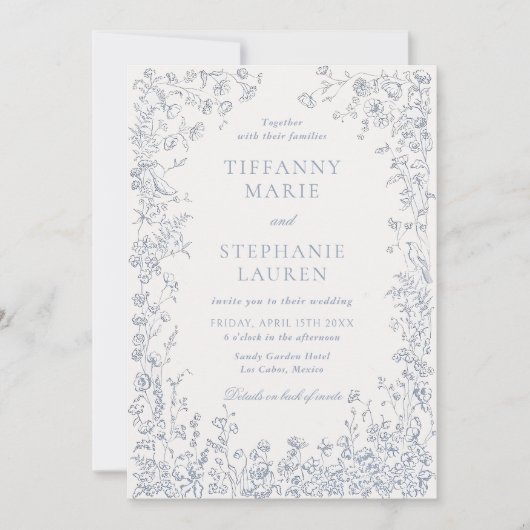 Elegant Blue French Floral Wedding Invitation Einladung (Vorderseite)