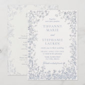 Elegant Blue French Floral Wedding Invitation Einladung (Vorne/Hinten)