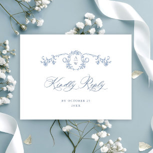 Elegant Blue French Rose Toile Wedding RSVP Postkarte