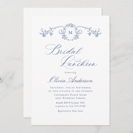 Elegant Blue French Toile Garden BRIDAL LUNCHEON Einladung (Vorne/Hinten)