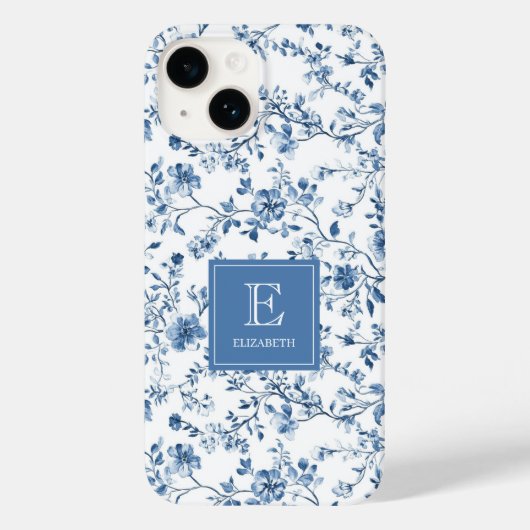 Elegant Blue French Toile Pattern Monogram Name Case-Mate iPhone Hülle (Rückseite)