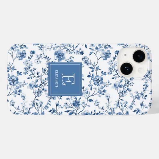 Elegant Blue French Toile Pattern Monogram Name Case-Mate iPhone Hülle (Rückseite (Horizontal))