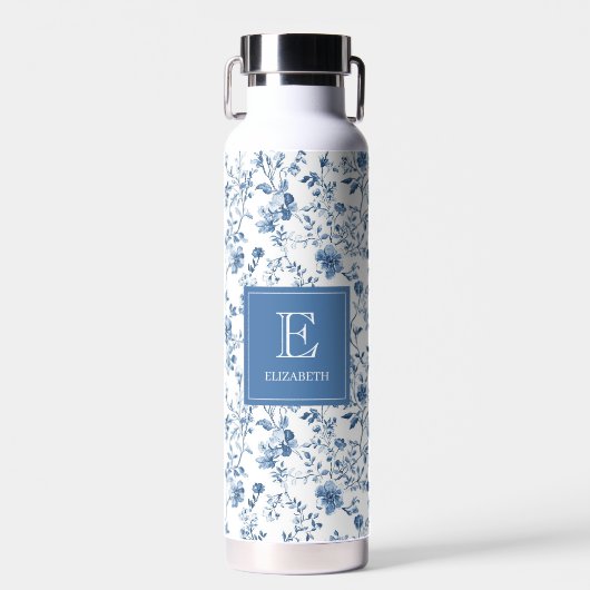 Elegant Blue French Toile Pattern Monogram Name Trinkflasche (Vorne)