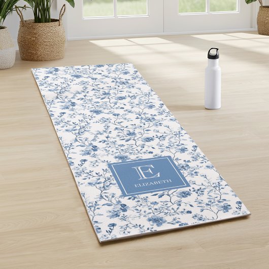 Elegant Blue French Toile Pattern Monogram Name  Yogamatte