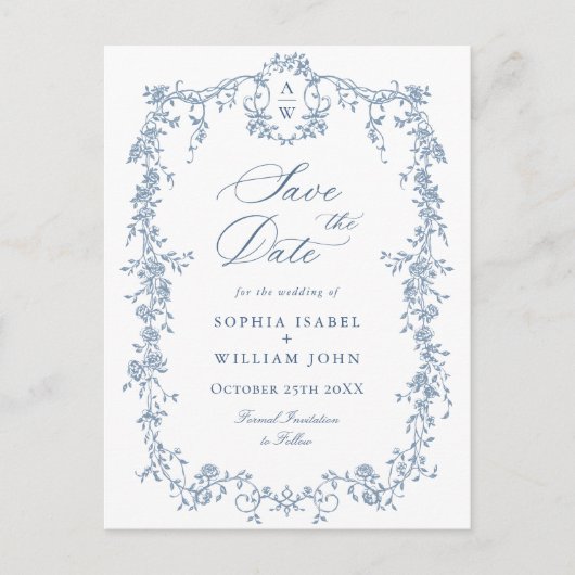 Elegant Blue French Toile Wedding Save the Date Postkarte (Vorderseite)