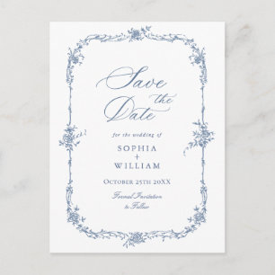 Elegant Blue French Toile Wedding Save the Date Postkarte