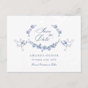 Elegant Blue French Toile Wedding Save the Date Postkarte