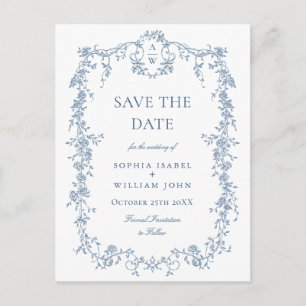 Elegant Blue French Toile Wedding Save the Date Postkarte