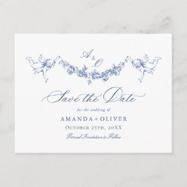 Elegant Blue French Toile Wedding Save the Date Postkarte