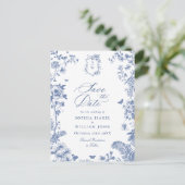 Elegant Blue French Toile Wedding Save the Date Postkarte (Stehend Vorderseite)