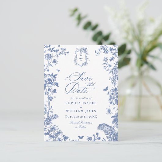 Elegant Blue French Toile Wedding Save the Date Postkarte (Stehend Vorderseite)