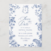 Elegant Blue French Toile Wedding Save the Date Postkarte (Vorderseite)