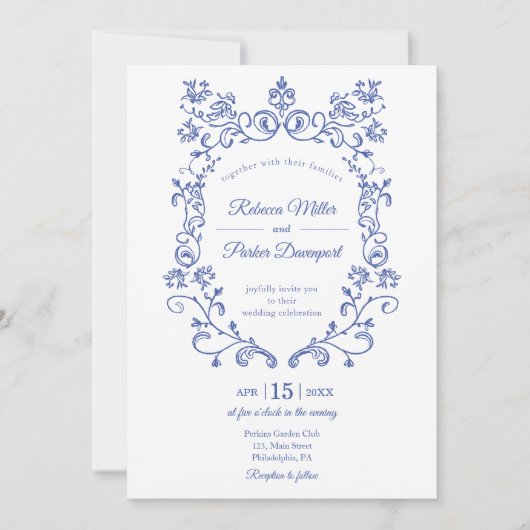 Elegant Blue French Wedding Einladung (Vorderseite)