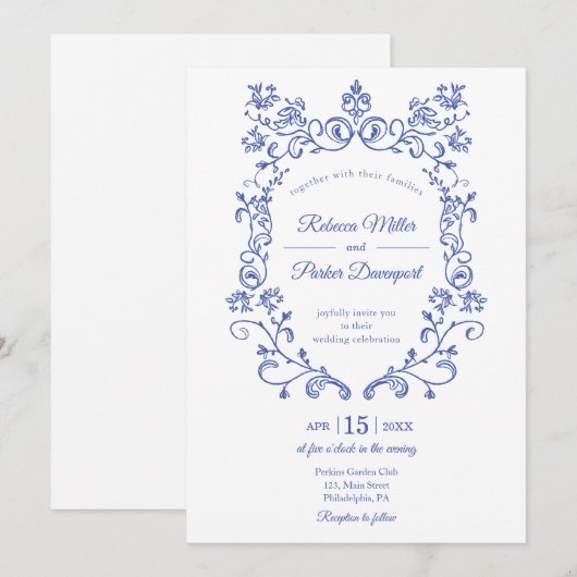 Elegant Blue French Wedding Einladung (Vorne/Hinten)